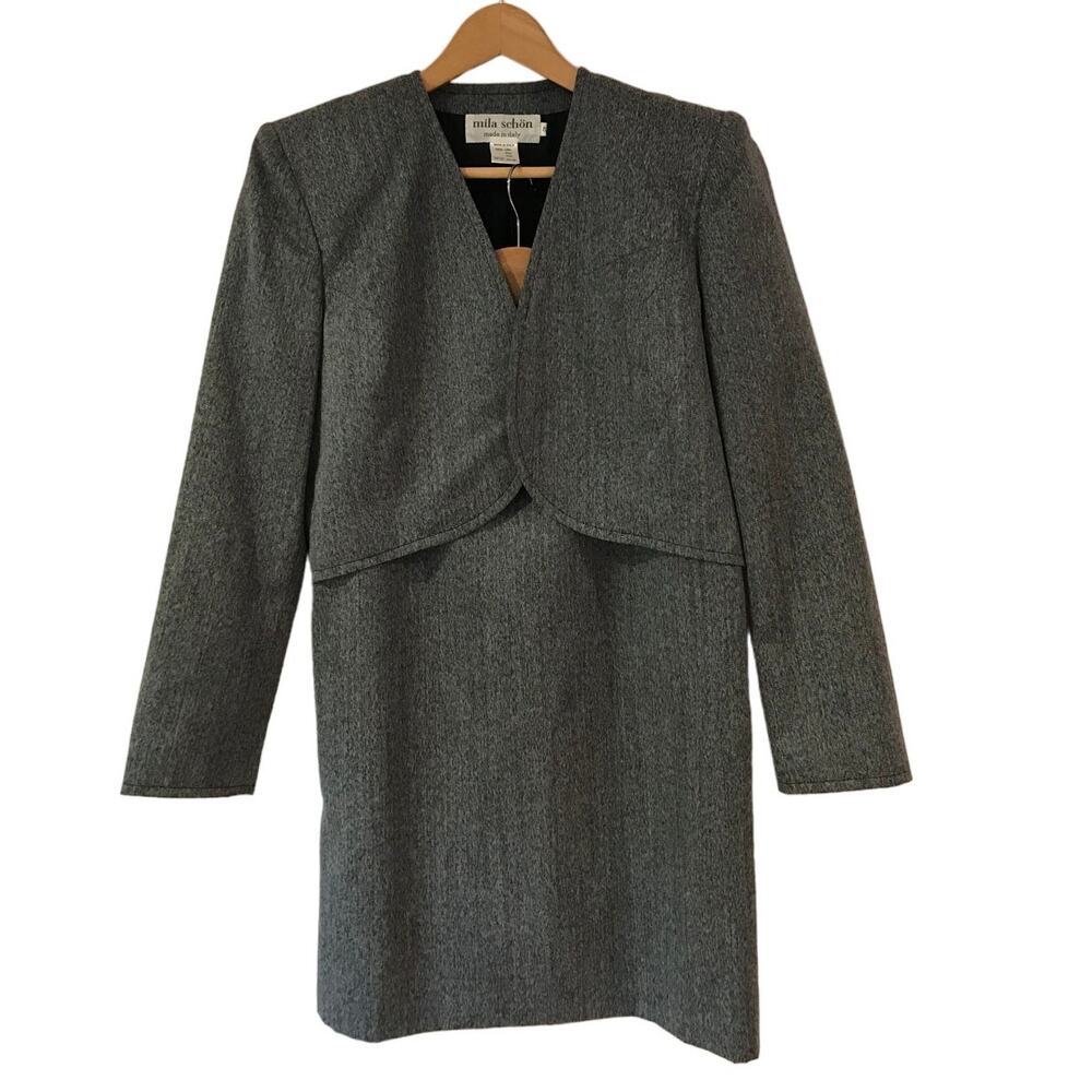 vintage MILA SCHON grey blue cropped blazer wool skirt suit career office set